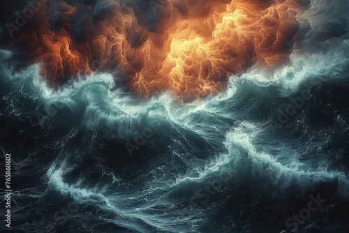 Dramatic ocean waves under fiery clouds, depicting nature's powerful forces.