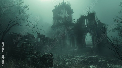 A dark and eerie scene with a castle in the background. The castle is surrounded by trees and the sky is cloudy. Scene is mysterious and ominous