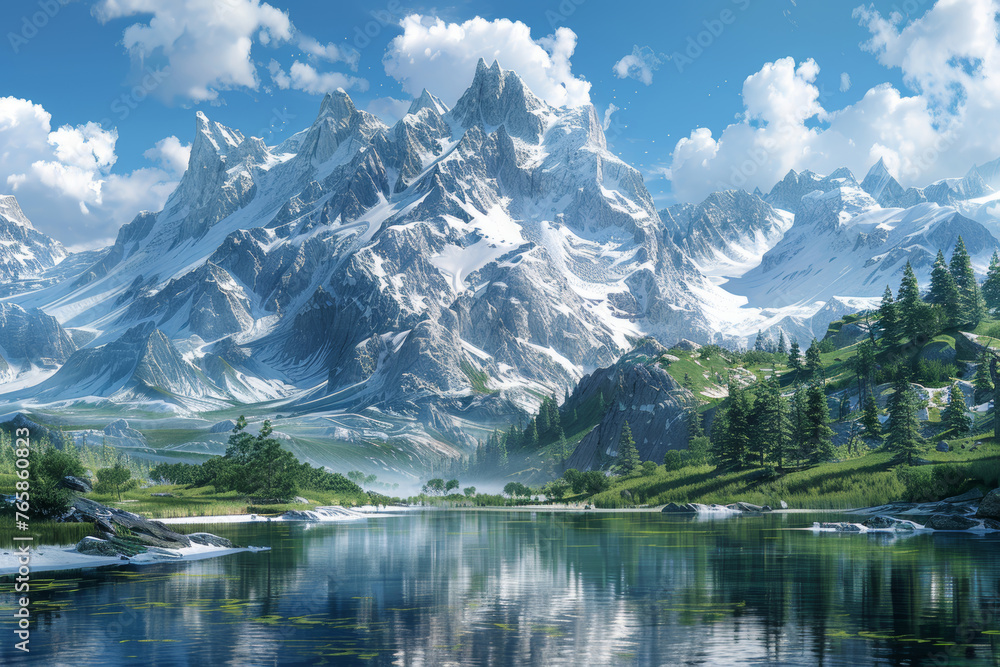 A beautiful mountain landscape with a large body of water in the foreground. The mountains are covered in snow and the sky is clear and blue. The scene is peaceful and serene