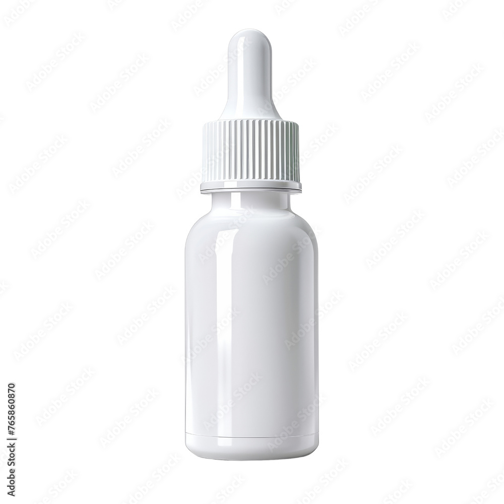 White dropper bottle with white and gray cap, blank label for branding, Concept of customizable cosmetic or pharmaceutical packaging White dropper bottle with white and gray cap, blank label for branding, Concept of customizable cosmetic or pharmaceutical packaging
