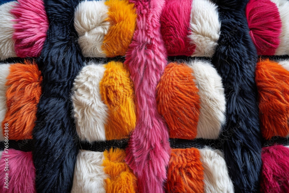 Colorful faux fur texture in a checkered pattern, soft and plush.