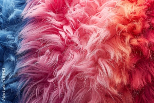 Luxurious faux fur in a gradient of blue to pink hues, fluffy and soft. photo