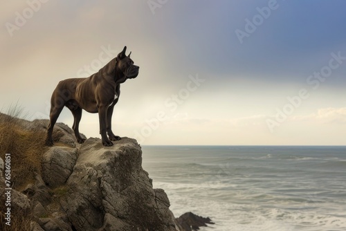 A Cane Corso standing proudly on a rocky cliff overlooking the vast expanse of the ocean  embodying strength and resilience 