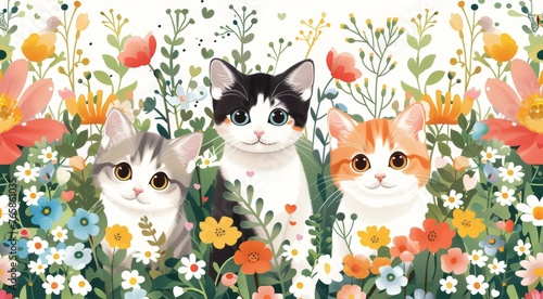Three cats are sitting in a field of flowers. The cats are of different colors and sizes. The scene is peaceful and series