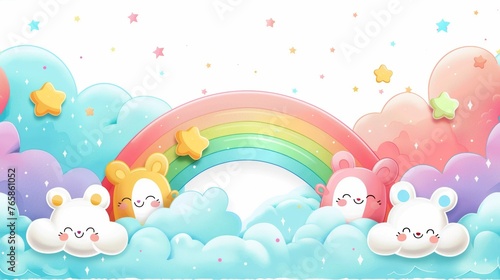 A colorful rainbow with four cartoon bears on it. The bears are smiling and the rainbow is full of stars