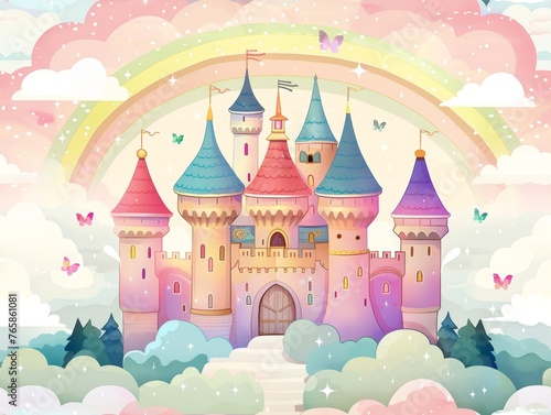 A castle with a rainbow on top of it. The castle is surrounded by trees and clouds