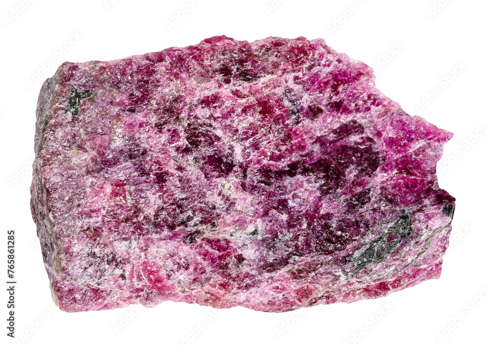 close up of sample of natural stone from geological collection - unpolished eudialyte gemstone isolated on white background from Kola Peninsula close up of sample of natural stone from geological collection - unpolished eudialyte gemstone isolated on white background from Kola Peninsula