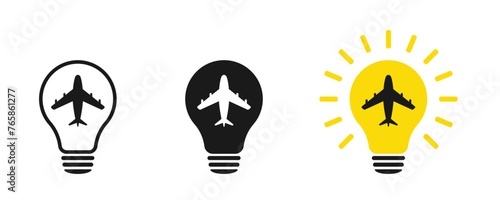 Set of light bulbs with airplane, illustration