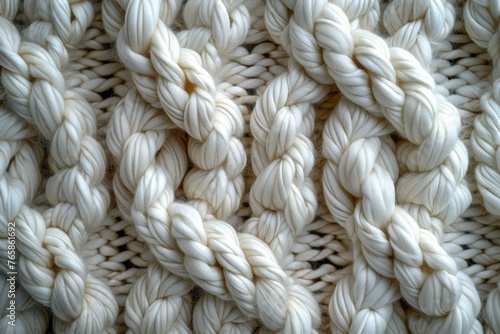 Soft white knitted wool texture, showcasing chunky braids for a luxurious and comfortable feel, perfect for cozy apparel or home textiles.