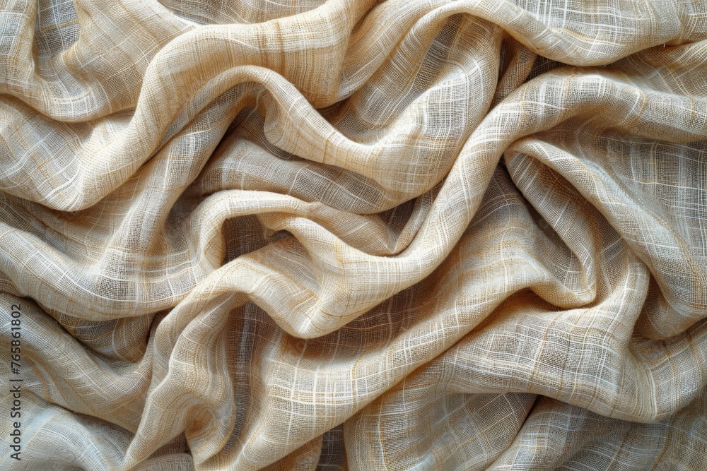 Elegant white linen fabric with subtle texture and gentle folds, conveying a sense of softness and purity in its design.