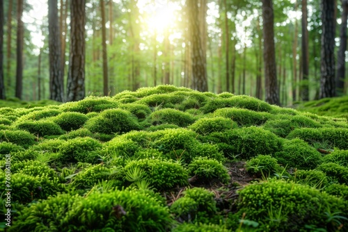 A natural mound of vibrant green moss in the forest, illuminated by dappled sunlight filtering through the trees.