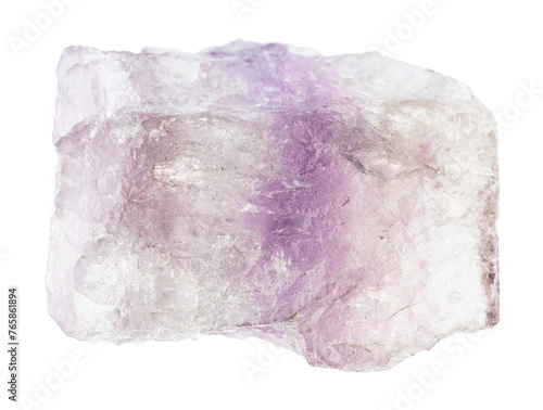 close up of sample of natural stone from geological collection - unpolished purple striped fluorite rock isolated on white background