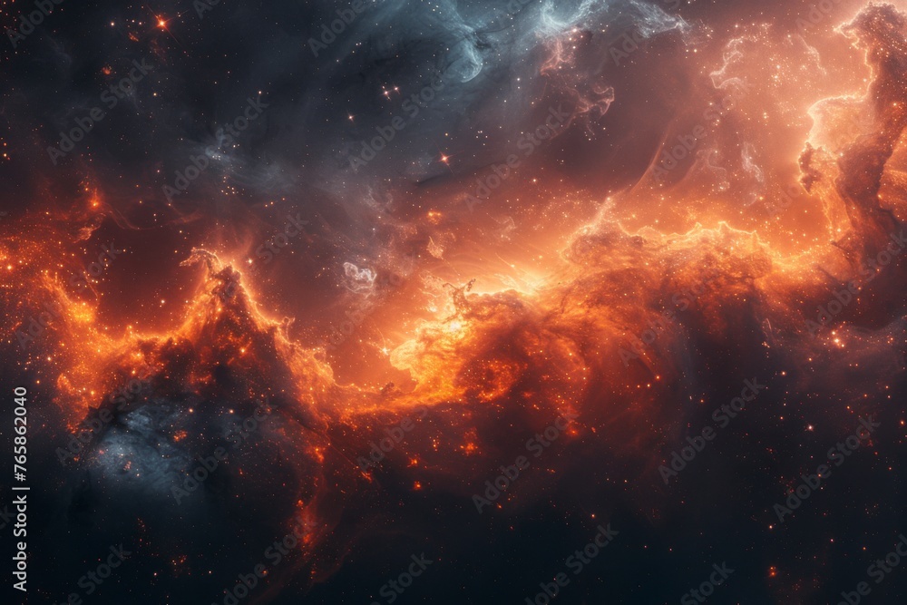 An intricate network of fiery nebulae sprawling across the starry space, resembling a celestial inferno.