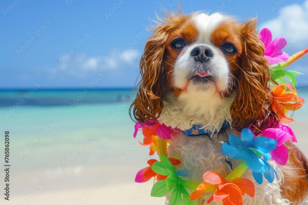 A Cavalier King Charles Spaniel adorned with a colorful lei, embracing the spirit of aloha on a tropical beach