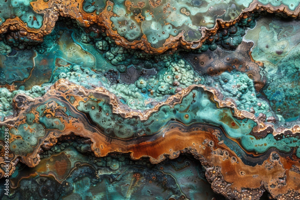 The aged teal paint over metal corrodes into a canvas of verdigris and golden rust. The aged teal paint over metal corrodes into a canvas of verdigris and golden rust.