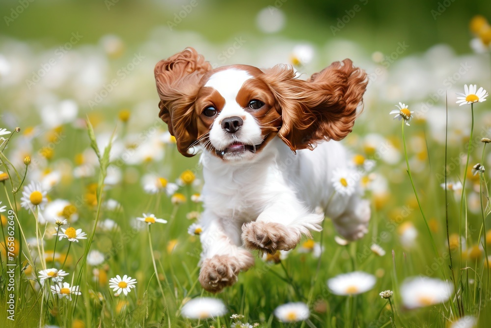 A charming Cavalier King Charles Spaniel puppy frolicking in a field of daisies, its floppy ears bouncing with each playful leap,