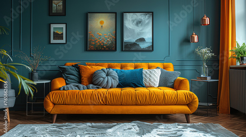 Vibrant mustard sofa in maximalist style living room with dark blue walls, vintage poster frames and decorative pillows. Created with Ai