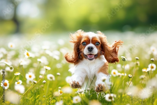 A charming Cavalier King Charles Spaniel puppy frolicking in a field of daisies  its floppy ears bouncing with each playful leap 