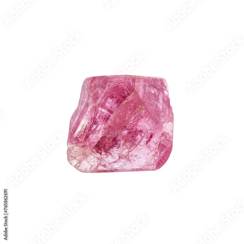 close up of sample of natural stone from geological collection - raw pink spinel crystal isolated on white background from Vietnam