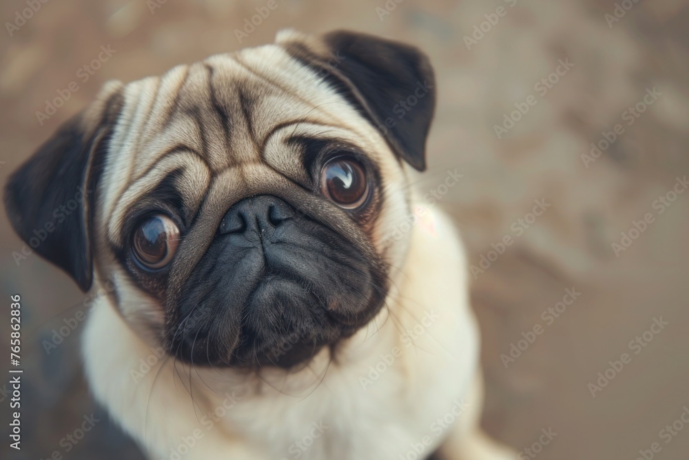A charming pug looks up at the camera with big, soulful eyes, its wrinkled face conveying warmth and affection,