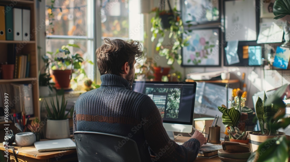 Amidst a sea of greenery a contented figure in a warm sweater creates amidst the natural beauty of their workspace
