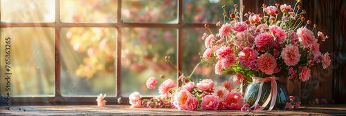 A vibrant floral arrangement of coral peonies and assorted wildflowers on a windowsill, bathed in warm sunlight. Mother`s Day celebration, copy space 