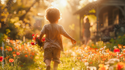 Back view of a young boy running joyfully through a field of blooming poppies to his mother on a sunny morning . Mother`s Day and family connection concept.