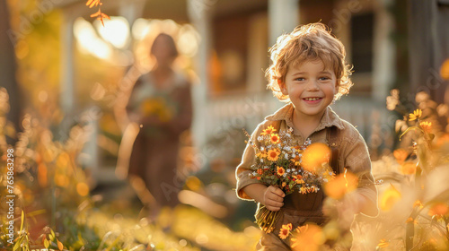  Young boy running joyfully through a flower field of blooming poppies on a golden hour to his mother with wild flowers bouquett . Family connection, mother`s day. © Photobes