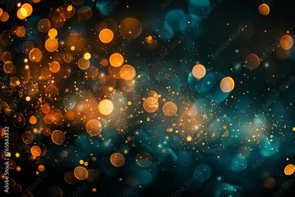Bokeh effect of sparkling golden lights against a deep, dark blue backdrop, creating a festive atmosphere. Bokeh effect of sparkling golden lights against a deep, dark blue backdrop, creating a festive atmosphere.