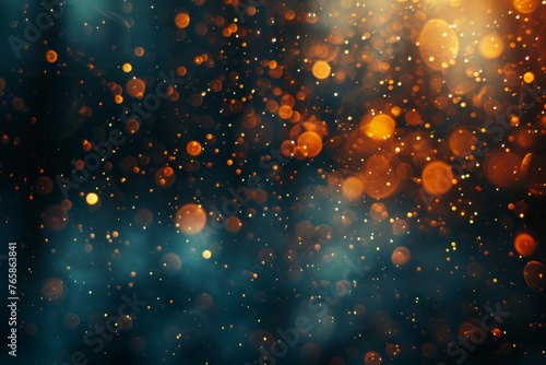 Bokeh effect of sparkling golden lights against a deep, dark blue backdrop, creating a festive atmosphere. photo