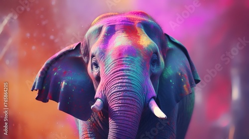 Elephant with multicolored paint splashes on his body.