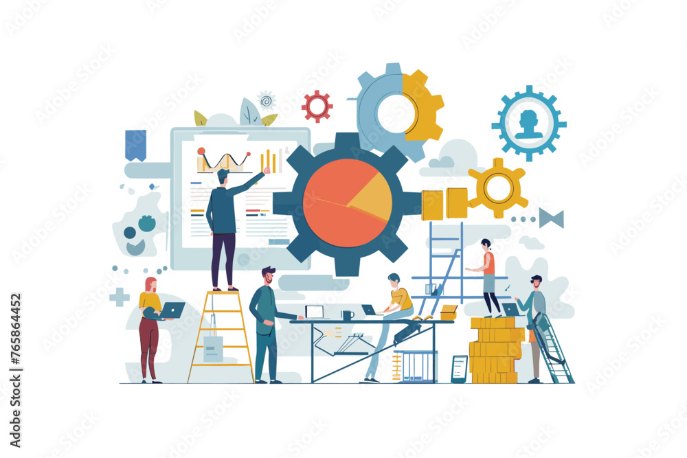 Project Development Concept - Engineering, Configuration, Settings and Industry Symbols. Gears, Cogs, Wrenches, Screwdrivers and Blueprints for Business Presentation or Web Banner.