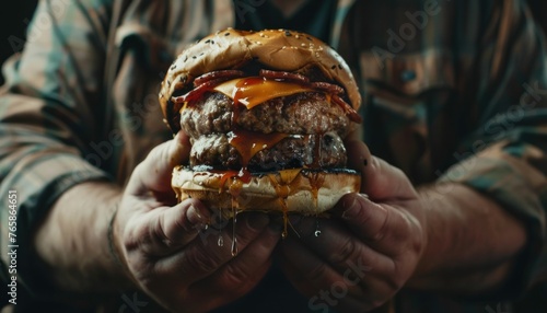 Indulgent greasy double cheeseburger in hands