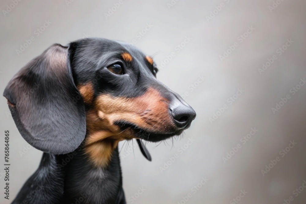 A close-up portrait of a majestic Dachshund against a neutral background, with space for text on the right side.