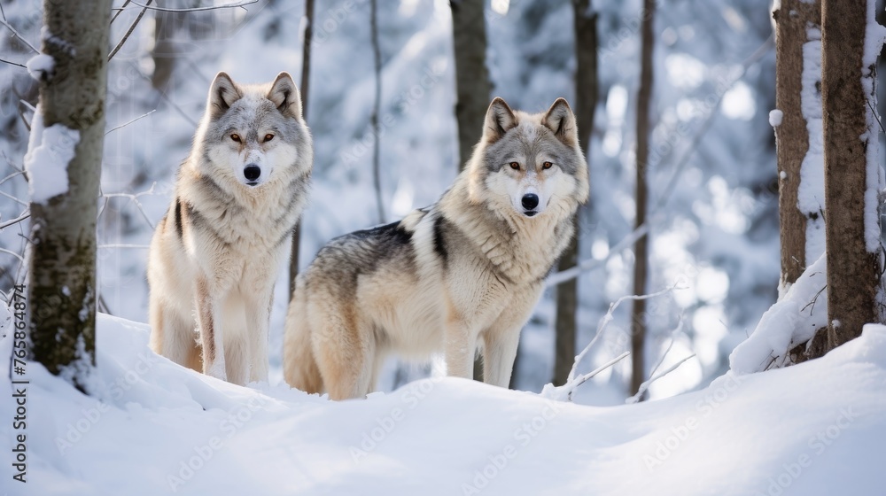 A pair of wolves in a snow covered forest a wild and majestic scene
