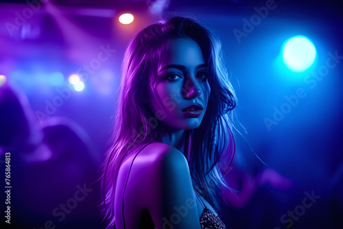 Disco event, DJ dancer woman in neon lights. Sexy girl at the night club party. generative ai