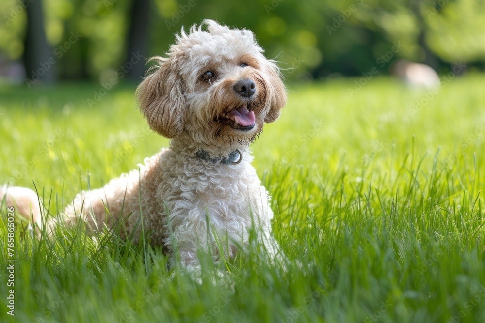 A Cockapoo enjoying a sunny day at the park, its joyful demeanor infectious as it romps through the grass and socializes with other dogs,