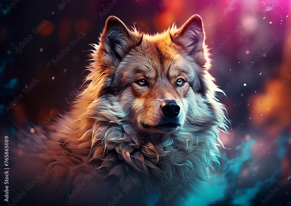 Naklejka premium A majestic, thick-coated wolf-dog stares intently at a vibrant background mixing warm and cool tones. Soft lighting highlights his features, giving off a gentle glow.AI generated.
