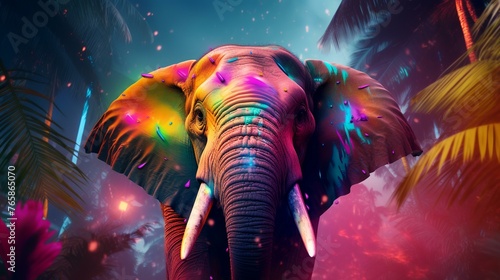 Elephant head with colorful light and palm tree background. 3D rendering © Robina