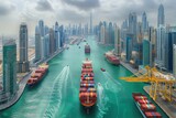 Cargo ships navigate through a bustling waterway amidst towering buildings