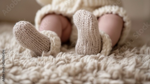 A close-up shot of tiny baby feet wearing knitted booties, resting on a plush rug