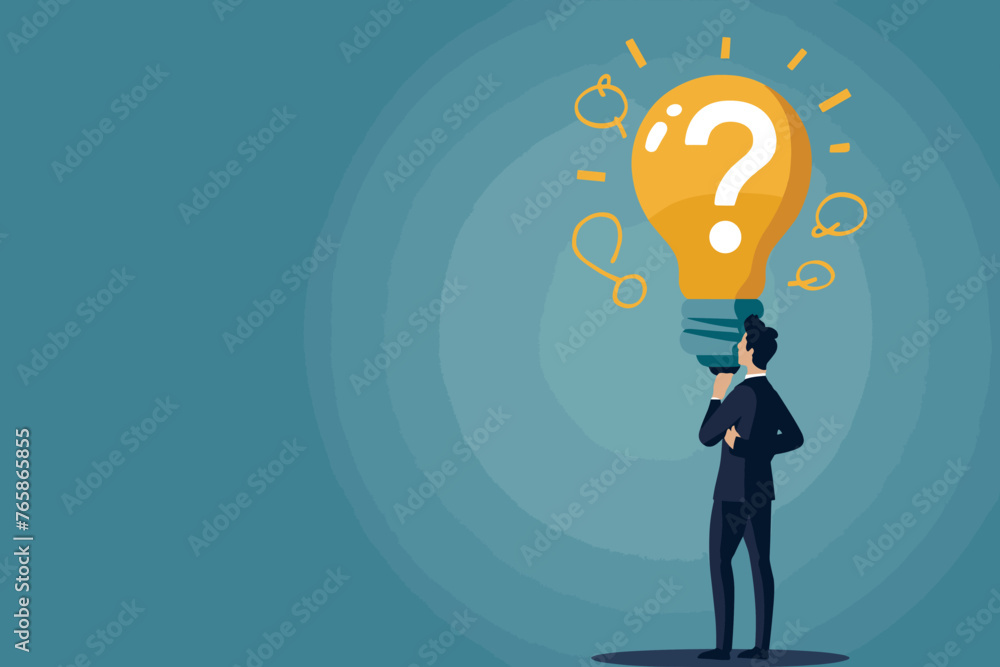 Question and answer, smart businessman with question mark and lightbulb finding creative solutions, FAQ frequently asked questions help desk concept for problem solving and customer support.