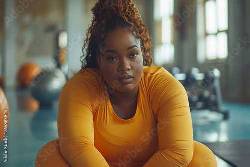 plus size overweight black woman in sportwear doing sport exercises at gym fitness twith sweaty face. Sports training equipment workout, AI