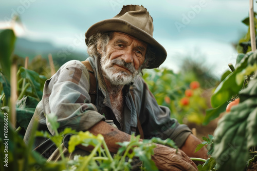 Agricoltore intento a raccogliere verdure da terreni biologici, sottolineando il legame uomo-natura e l'importanza della coltivazione sostenibile. photo