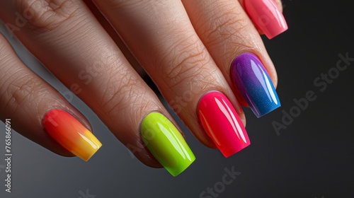 Mano femminile con unghie perfettamente curate e smalto colorato photo