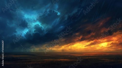 A dramatic thunderstorm brewing over a vast expanse of rolling plains, with lightning illuminating the sky © Image Studio