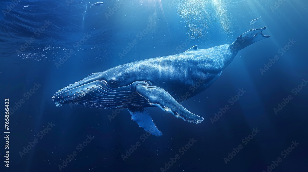 Blue whale dive in deep Ocean