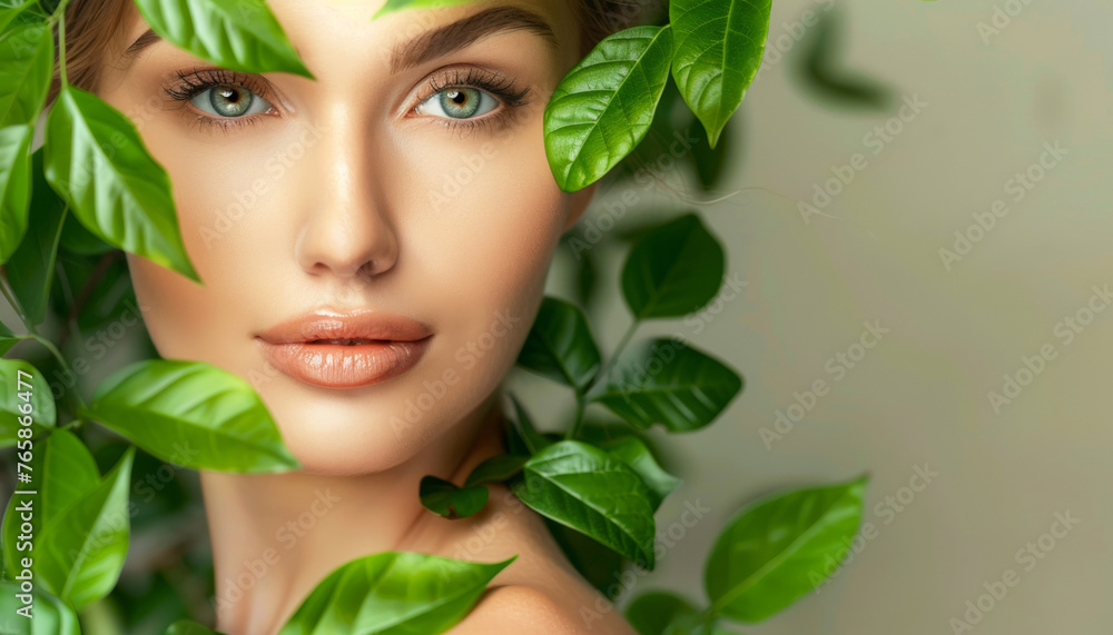 Primo piano sul visto di una bella donna adornato con lussureggianti foglie verdi. Concetto di trattamenti naturali di bellezza e cura della pelle. Primo piano sul visto di una bella donna adornato con lussureggianti foglie verdi. Concetto di trattamenti naturali di bellezza e cura della pelle.