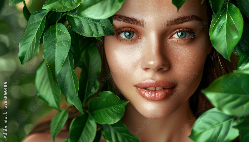 Primo piano sul visto di una bella donna adornato con lussureggianti foglie verdi. Concetto di trattamenti naturali di bellezza e cura della pelle. - obrazy, fototapety, plakaty 