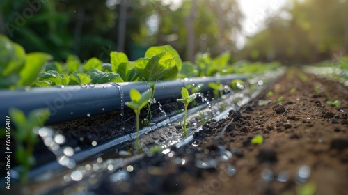 Sistema di irrigazione a goccia automatizzato utilizzato in un'azienda agricola biologica. Efficienza nell'uso delle risorse idriche. photo